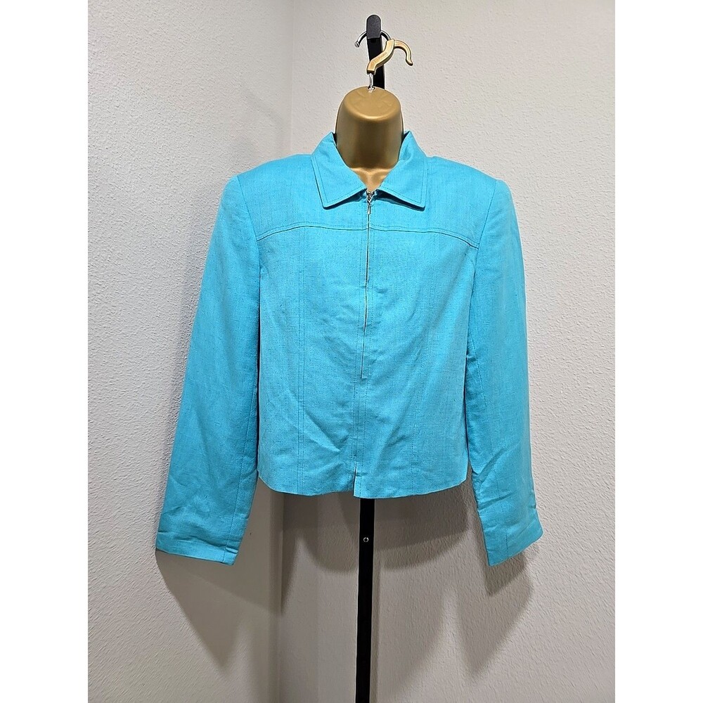 Vtg 80s Office Career David N Linen Blend Jacket Blazer Womens Lg Blue Full Zip